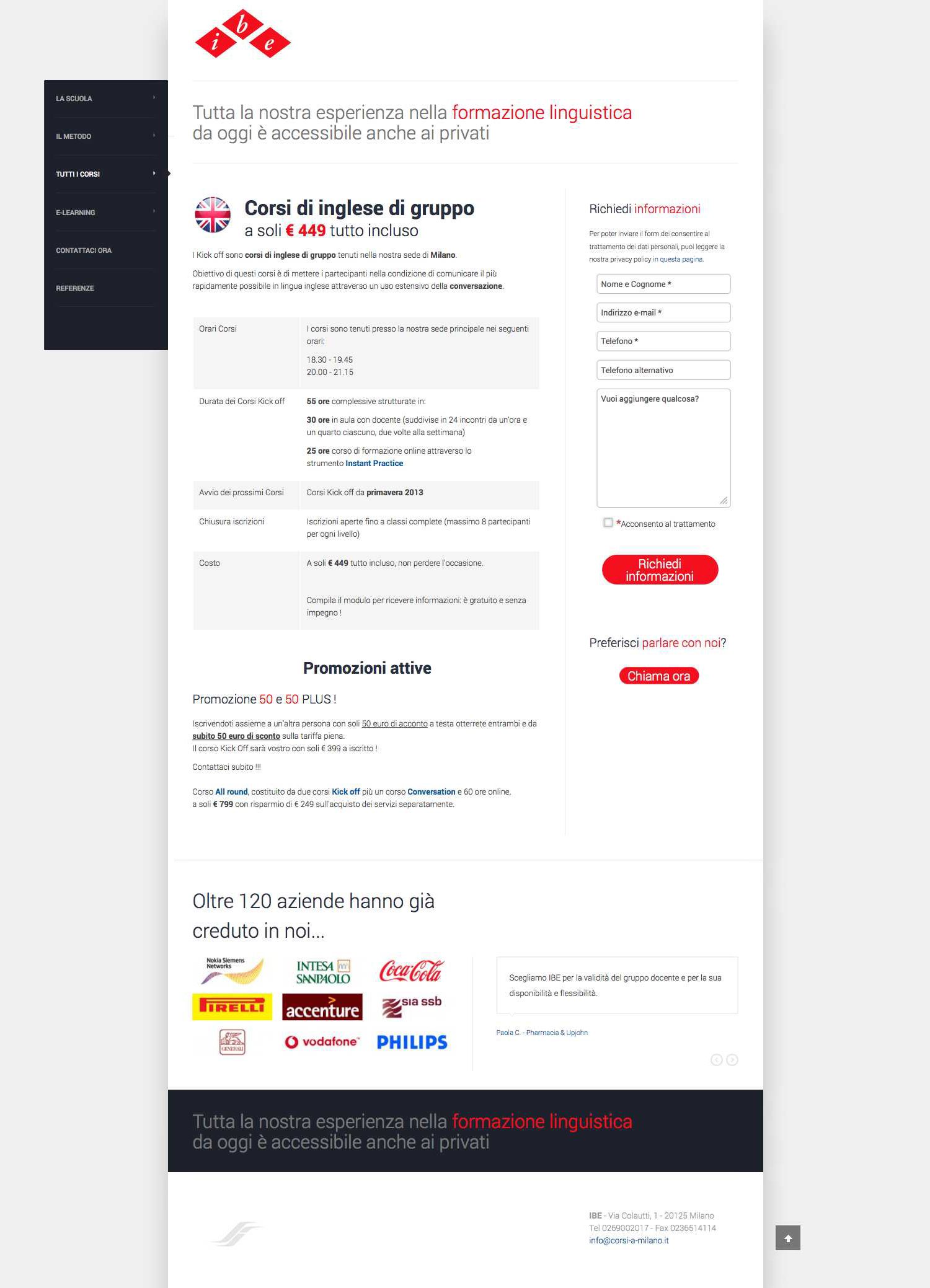 La landing page dei corsi di inglese